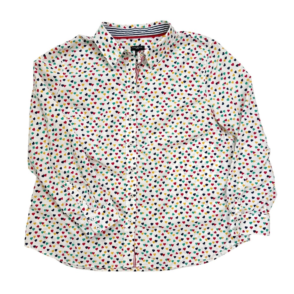 Talbots Button Down Shirt Women XLP White Heart Print Long Sleeve Cotton Top - Picture 1 of 4
